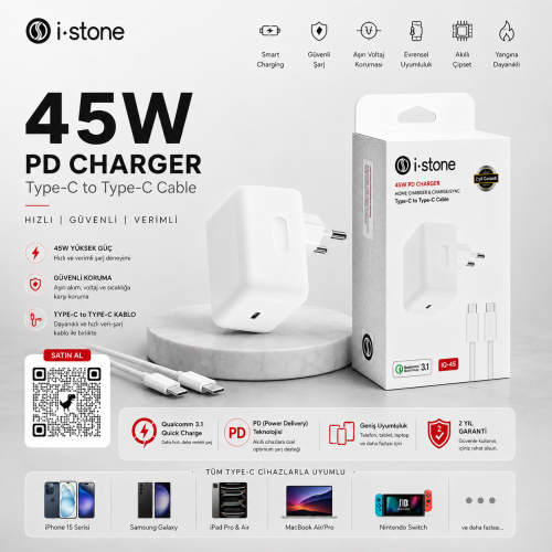 İQ-45 45W Dynamic Power Adapter + Type-C to Type-C Kablo