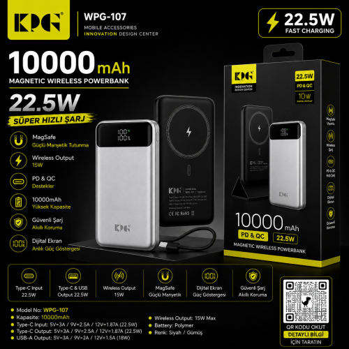 KPG Power WPG-107 MagSafe Özellikli Taşınabilir Şarj Cihazı 10.000 Amp