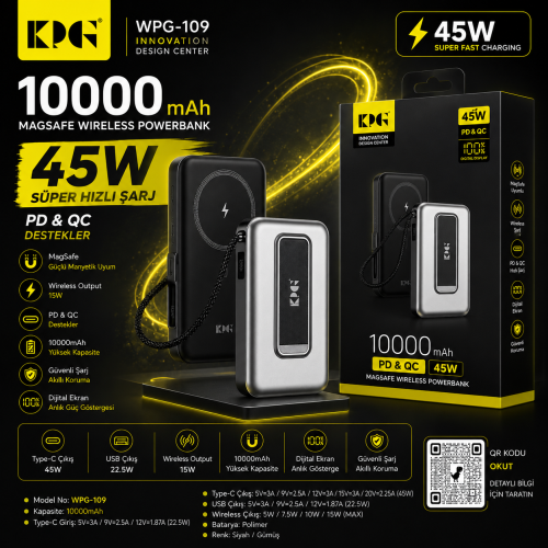 KPG Power WPG-109 45W MagSafe Özellikli Taşınabilir Şarj Cihazı 10.000