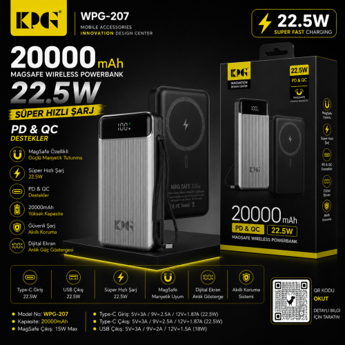 KPG Power WPG-207 MagSafe Özellikli Taşınabilir Şarj Cihazı 20.000 Amp